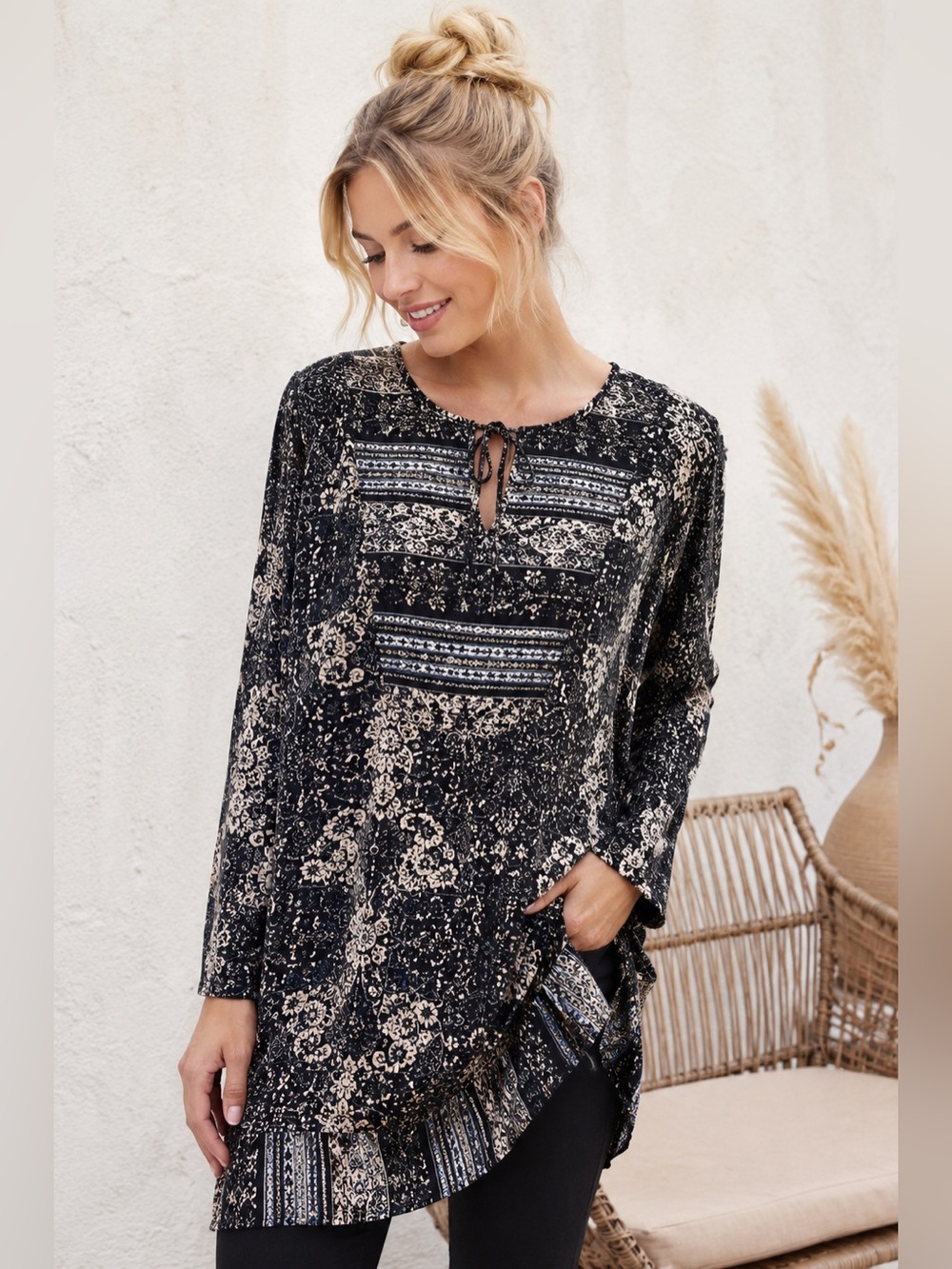 Figueroa & Flower Boho Tunic Top Floral Paisley Rayon Large Chic